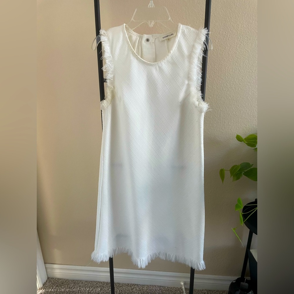 White Tweed Fringe Mini Shift Dress - Size XS